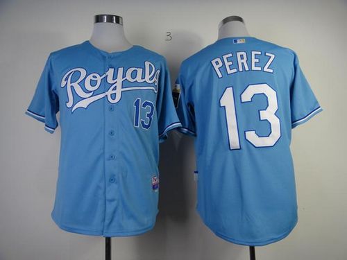 Royals #13 Salvador Perez Light Blue Cool Base Stitched MLB Jersey - Click Image to Close